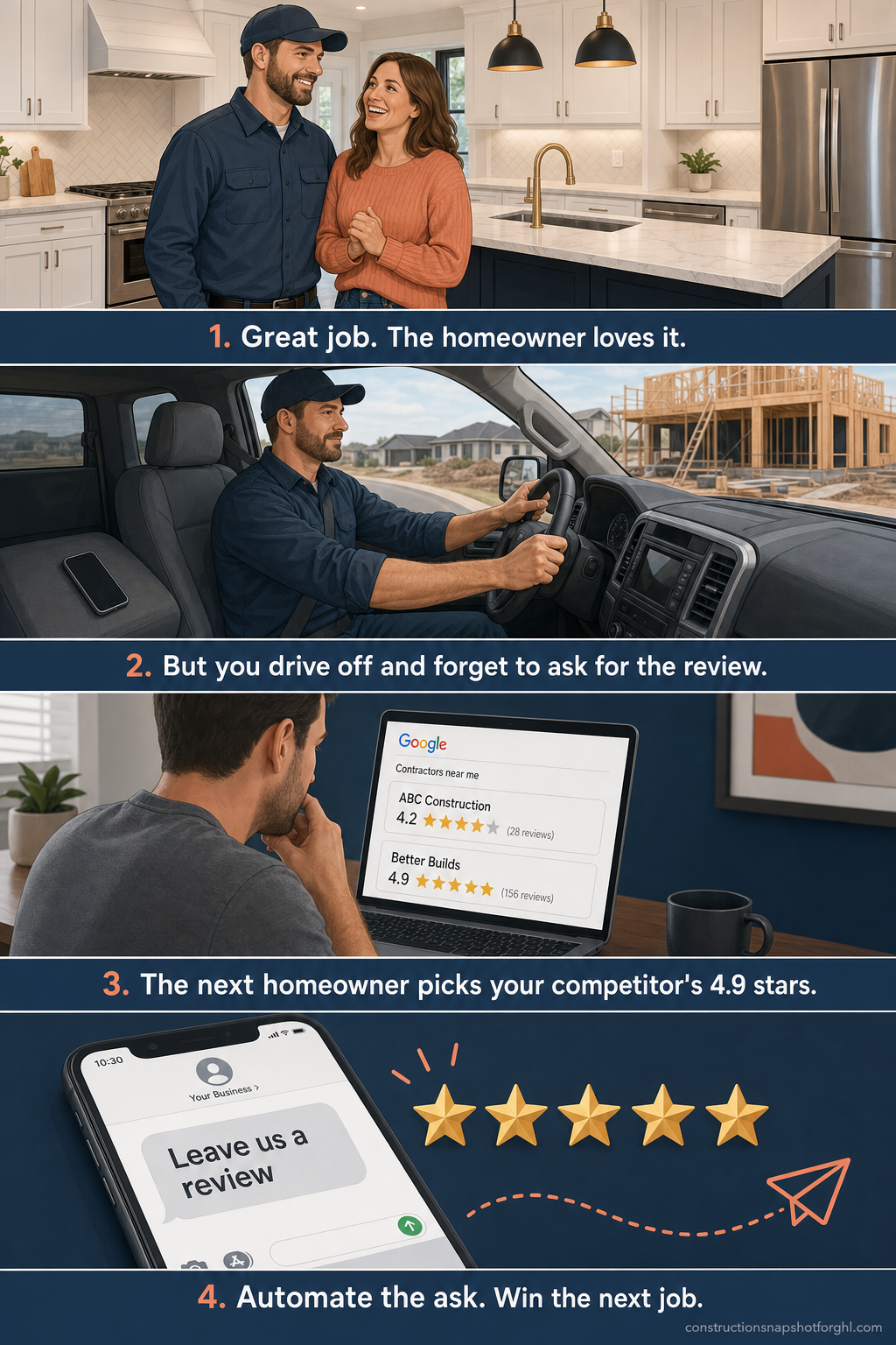 Four-panel comic showing how contractors lose jobs over reviews: 1) a contractor and homeowner smile in a finished kitchen — great job; 2) the contractor drives off and forgets to ask for the review; 3) the next homeowner compares two builders on Google and picks the competitor rated 4.9 stars with 156 reviews over ABC Construction at 4.2 with 28; 4) a phone automatically texts 'Leave us a review' and five stars roll in — automate the ask, win the next job.