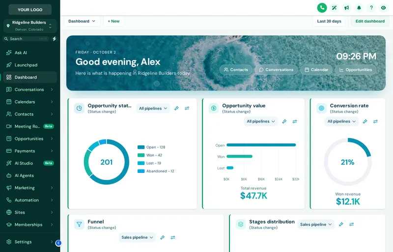 GoHighLevel sub-account dashboard with the Lagoon photo welcome banner, live clock and quick links