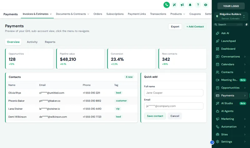GoHighLevel sidebar docked on the right in the Forest Finance theme