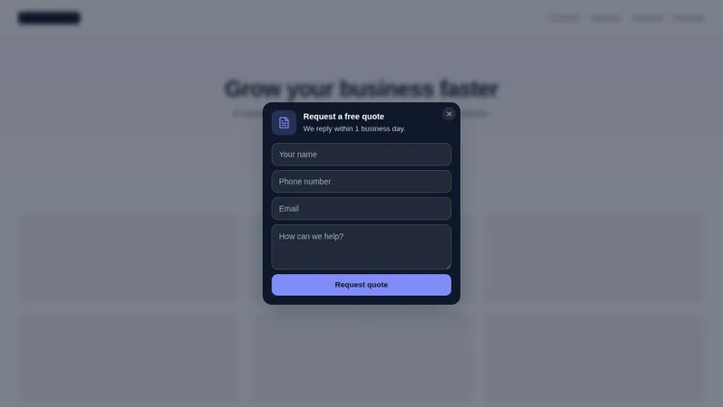 Quote request modal collecting a visitor’s details on a sample website