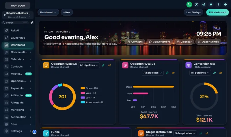 GoHighLevel in dark mode: Midnight Mint theme, Glass UI kit and City Nights dashboard banner