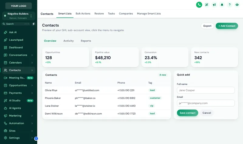 GoHighLevel contacts page in the Forest Finance theme with glass cards
